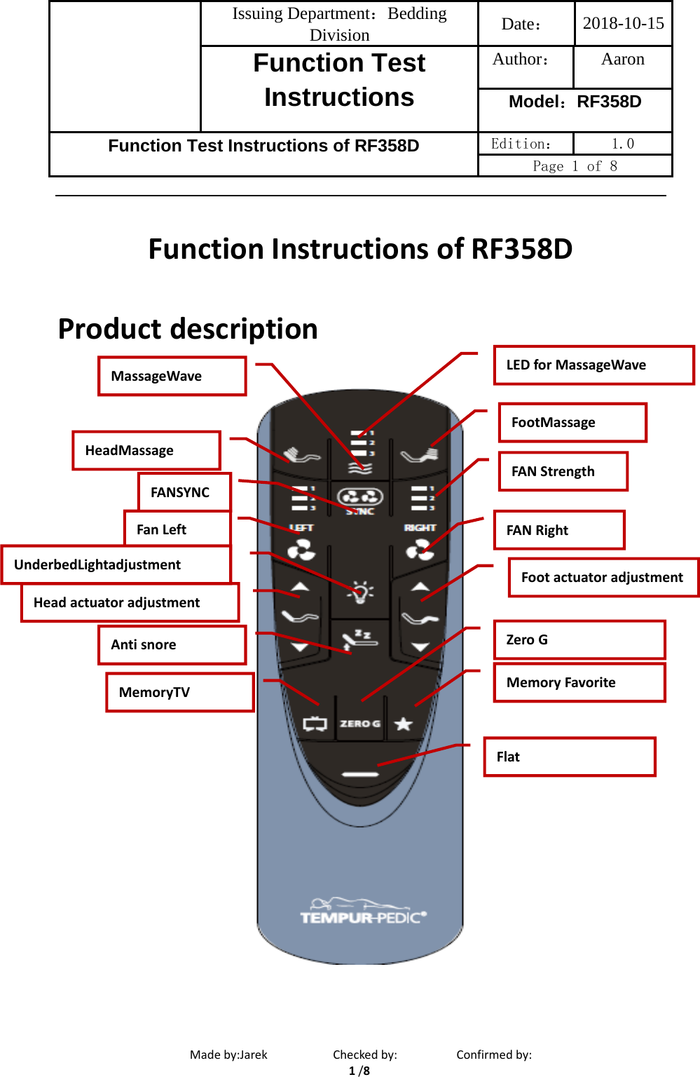 Page 1 of OKIN Refined Electric Technology RF358D Remote Control User Manual Function Instructions of RF358D