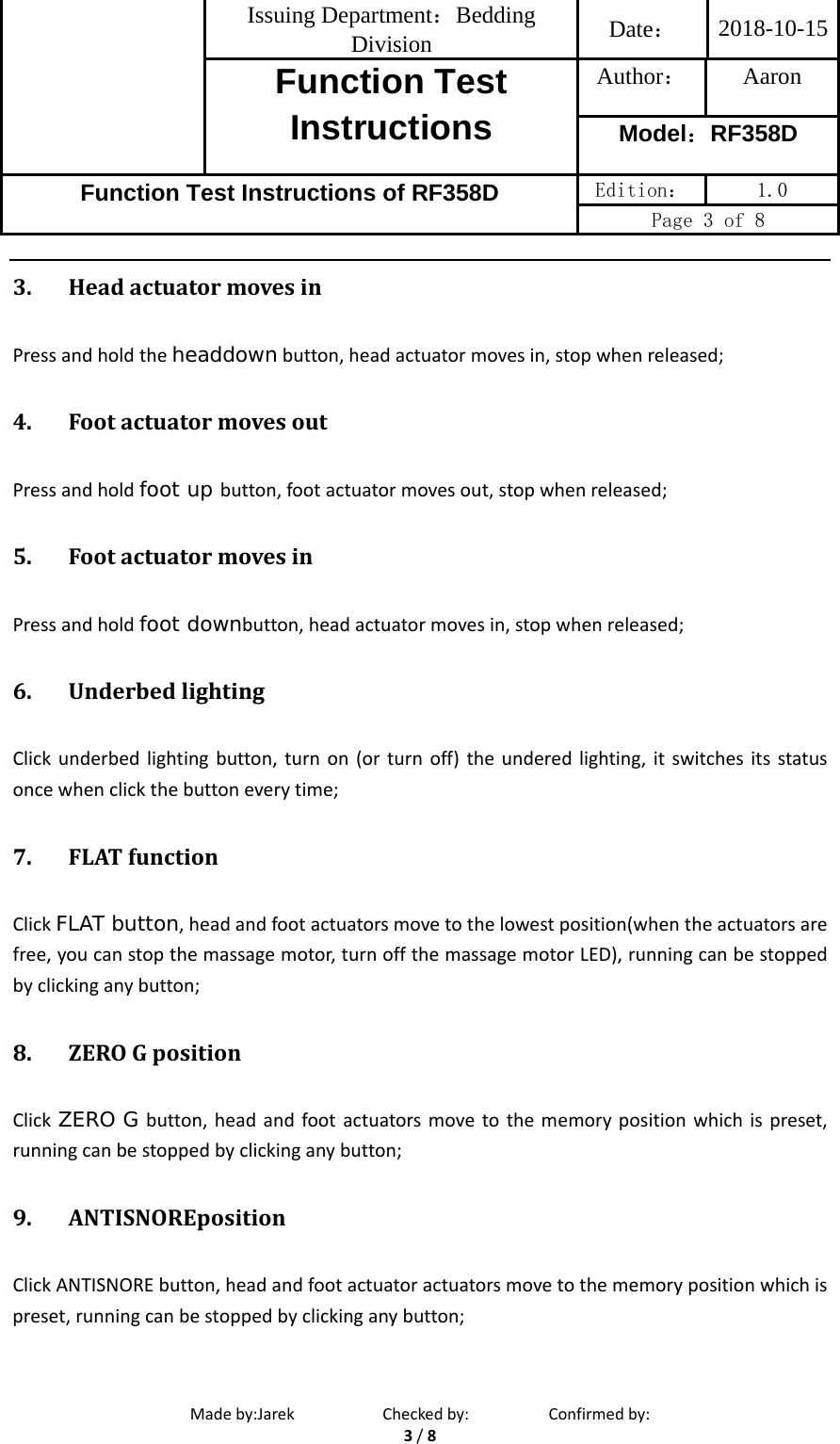 Page 3 of OKIN Refined Electric Technology RF358D Remote Control User Manual Function Instructions of RF358D