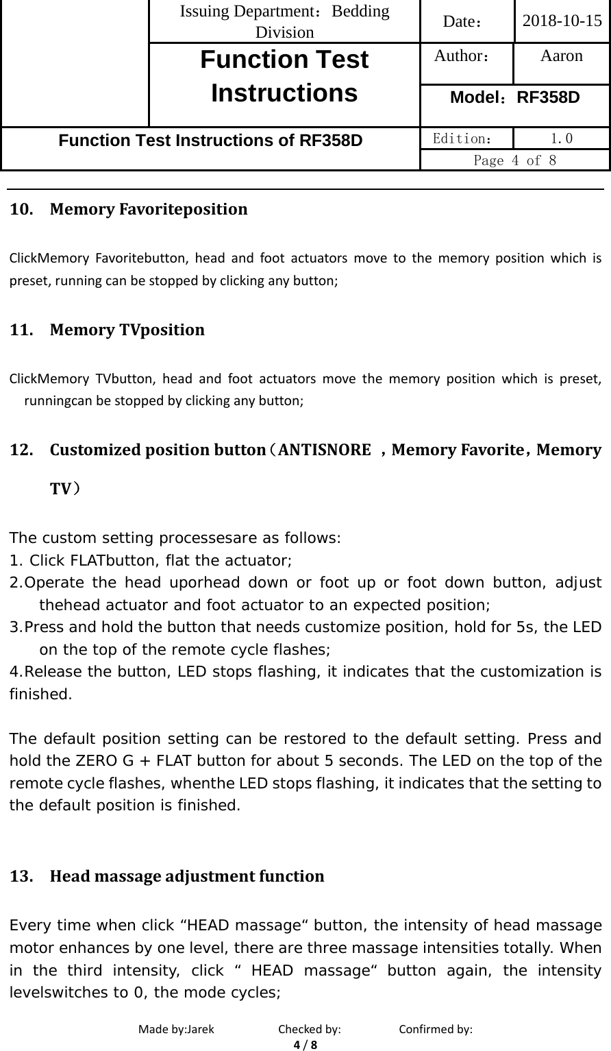 Page 4 of OKIN Refined Electric Technology RF358D Remote Control User Manual Function Instructions of RF358D