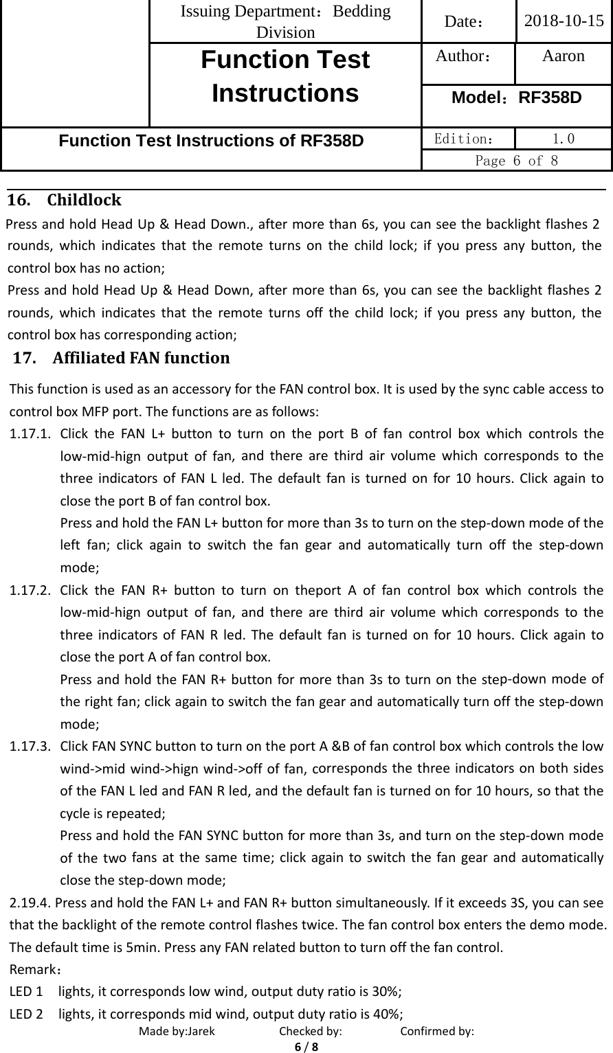 Page 6 of OKIN Refined Electric Technology RF358D Remote Control User Manual Function Instructions of RF358D