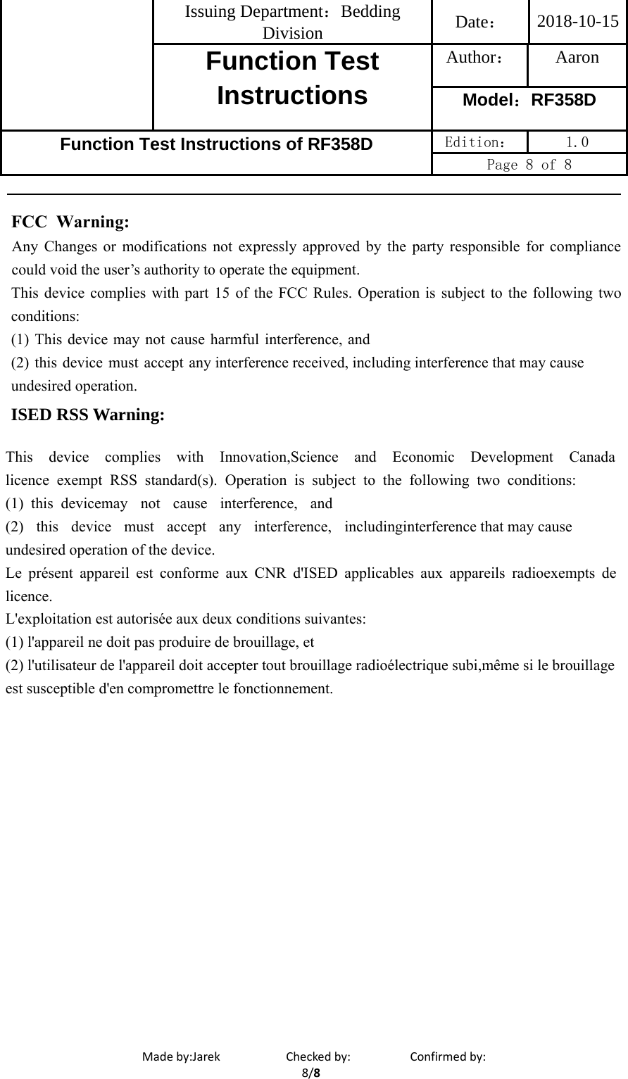 Page 8 of OKIN Refined Electric Technology RF358D Remote Control User Manual Function Instructions of RF358D
