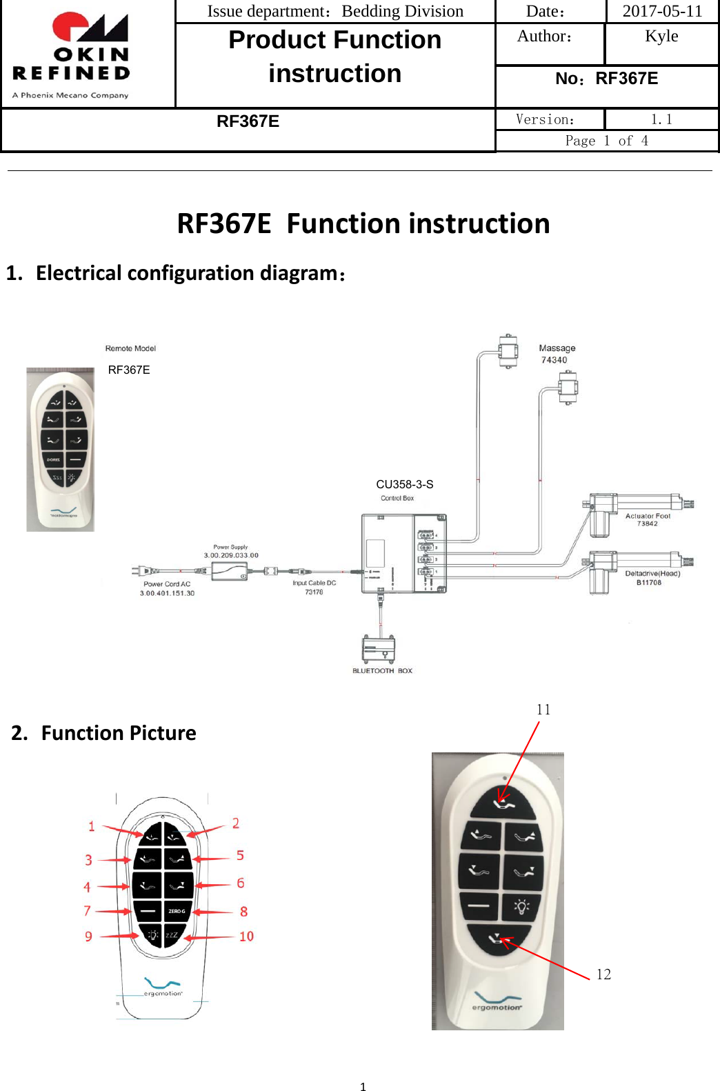 Issue department：Bedding Division  Date： 2017-05-11 Product Function instruction Author： Kyle No：RF367E RF367E Version：  1.1 Page 1 of 4 1RF367E Functioninstruction1. Electricalconfigurationdiagram：2. FunctionPictureRF367ECU358-3-S1112