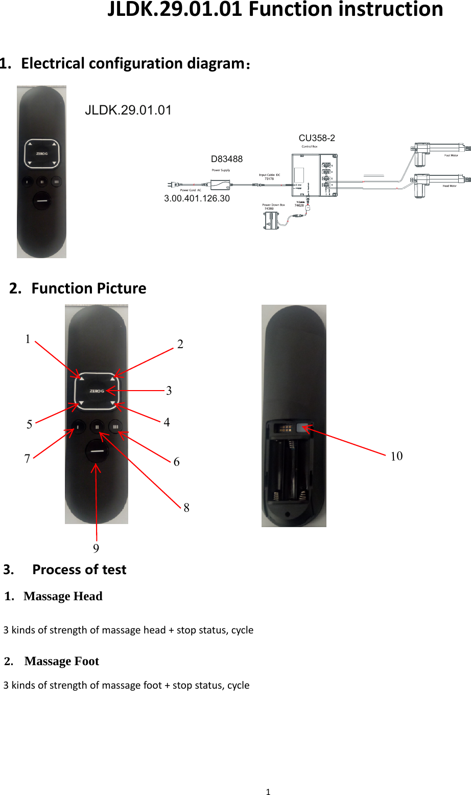 1JLDK.29.01.01 Functioninstruction1. Electricalconfigurationdiagram：2. FunctionPicture3.Processoftest1. Massage Head3kindsofstrengthofmassagehead+stopstatus,cycle2. Massage Foot3kindsofstrengthofmassagefoot+stopstatus,cycle    CU358-2D834883.00.401.126.30 JLDK.29.01.0112345678910
