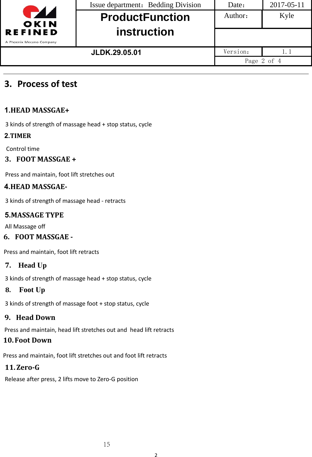 Issue department：Bedding Division  Date： 2017-05-11 ProductFunction instruction Author： Kyle JLDK.29.05.01 Version：  1.1 Page 2 of 4 23. Processoftest1.HEAD MASSGAE+3kindsofstrengthofmassagehead+stopstatus,cycle2.TIMERAllMassageoff715Control time3. FOOT MASSGAE +Pressandmaintain,footliftstretchesout4.HEAD MASSGAE-3kindsofstrengthofmassagehead- retracts5.MASSAGE TYPE6. FOOT MASSGAE -Pressandmaintain,footlift retracts7. Head Up3kindsofstrengthofmassagehead+stopstatus,cycle8. Foot Up3kindsofstrengthofmassagefoot+stopstatus,cycle9.HeadDownPressandmaintain,headliftstretchesoutand  head lift retracts10.FootDownPressandmaintain,footliftstretchesoutand foot lift retracts11.Zero-GReleaseafterpress,2liftsmovetoZero‐Gposition