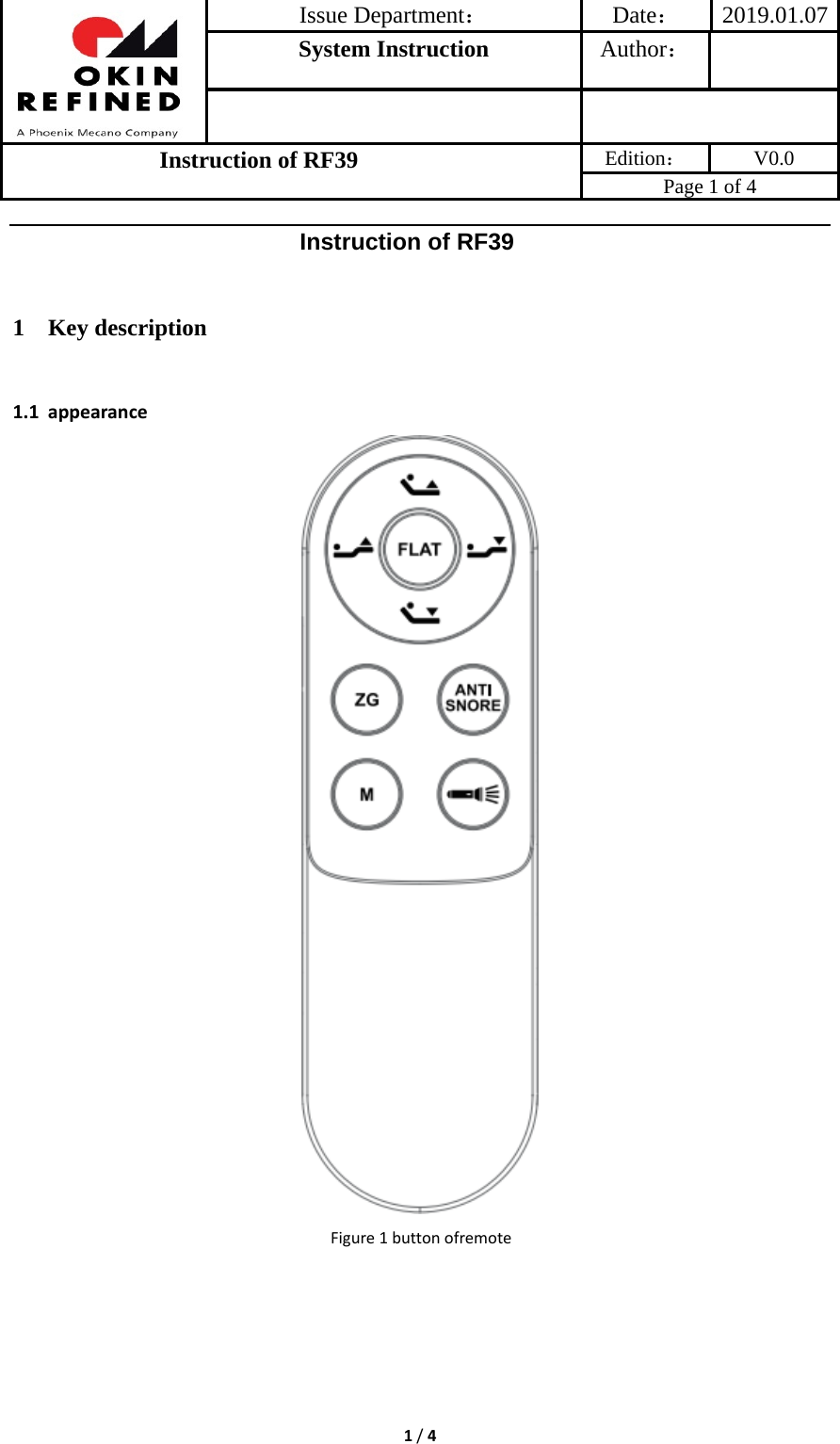 Issue Department：Date： 2019.01.07System Instruction  Author： Instruction of RF39  Edition： V0.0 Page 1 of 4 1/4Instruction of RF391 Key description 1.1 appearanceFigure1buttonofremote