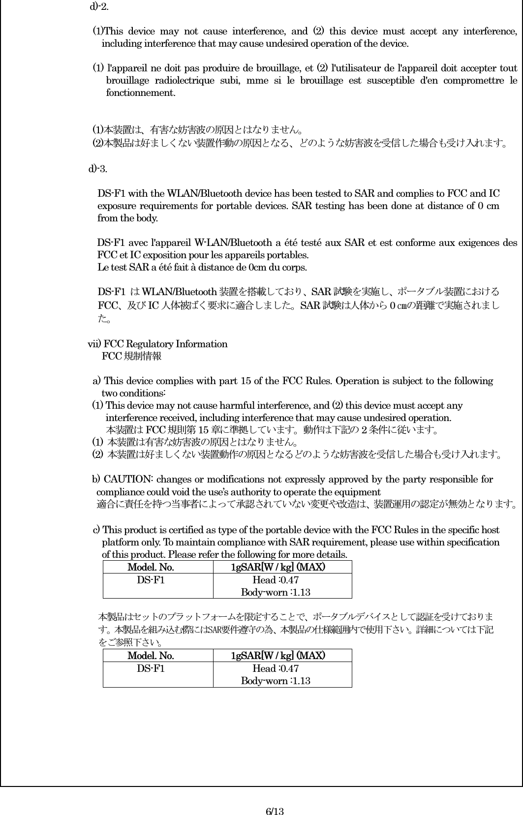 d)-2.  (1)This  device  may  not  cause  interference,  and  (2)  this  device  must  accept  any  interference, including interference that may cause undesired operation of the device.  (1) l&apos;appareil ne doit pas produire de brouillage, et (2) l&apos;utilisateur de l&apos;appareil doit accepter tout brouillage radiolectrique  subi,  mme  si  le  brouillage  est  susceptible  d&apos;en  compromettre  le fonctionnement.   (1)本装置は、有害な妨害波の原因とはなりません。 (2)本製品は好ましくない装置作動の原因となる、どのような妨害波を受信した場合も受け入れます。  d)-3.  DS-F1 with the WLAN/Bluetooth device has been tested to SAR and complies to FCC and IC exposure requirements for portable devices. SAR testing has been done at distance of 0 cm from the body.  DS-F1 avec l&apos;appareil W-LAN/Bluetooth a été testé aux SAR et est conforme aux exigences des FCC et IC exposition pour les appareils portables. Le test SAR a été fait à distance de 0cm du corps.    DS-F1  はWLAN/Bluetooth 装置を搭載しており、SAR 試験を実施し、ポータブル装置におけるFCC、及び IC 人体被ばく要求に適合しました。SAR 試験は人体から 0㎝の距離で実施されました。  vii) FCC Regulatory Information FCC 規制情報  a) This device complies with part 15 of the FCC Rules. Operation is subject to the following two conditions: (1) This device may not cause harmful interference, and (2) this device must accept any interference received, including interference that may cause undesired operation. 本装置はFCC 規則第15 章に準拠しています。動作は下記の 2条件に従います。 (1)  本装置は有害な妨害波の原因とはなりません。 (2)  本装置は好ましくない装置動作の原因となるどのような妨害波を受信した場合も受け入れます。  b) CAUTION: changes or modifications not expressly approved by the party responsible for compliance could void the use’s authority to operate the equipment 適合に責任を持つ当事者によって承認されていない変更や改造は、装置運用の認定が無効となります。  c) This product is certified as type of the portable device with the FCC Rules in the specific host platform only. To maintain compliance with SAR requirement, please use within specification of this product. Please refer the following for more details. Model. No.    1gSAR[W / kg] (MAX) DS-F1  Head :0.47 Body-worn :1.13    本製品はセットのプラットフォームを限定することで、ポータブルデバイスとして認証を受けております。本製品を組み込む際にはSAR要件遵守の為、本製品の仕様範囲内で使用下さい。詳細については下記をご参照下さい。 Model. No.    1gSAR[W / kg] (MAX) DS-F1  Head :0.47 Body-worn :1.13         6/13 
