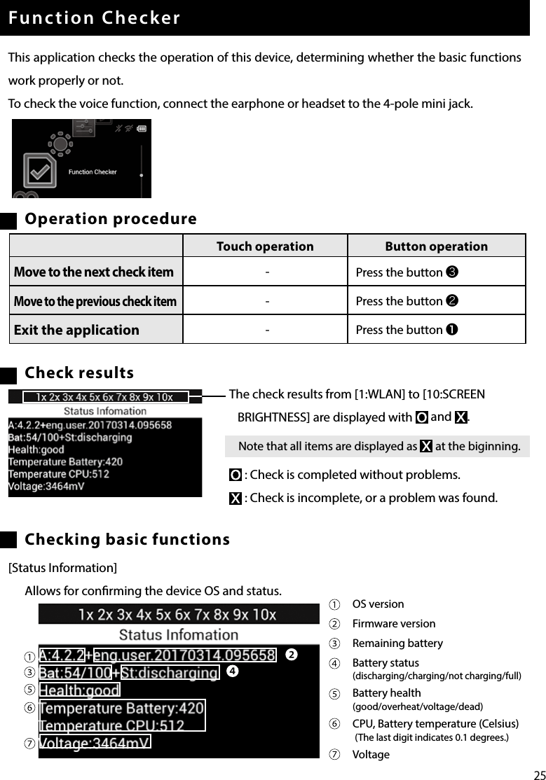 25Function CheckerThis application checks the operation of this device, determining whether the basic functions work properly or not.To check the voice function, connect the earphone or headset to the 4-pole mini jack.Operation procedureCheck resultsChecking basic functions[Status Information]Allows for conrming the device OS and status.Touch operation Button operationMove to the next check item-Press the button ❸ Move to the previous check item-Press the button ❷ Exit the application -Press the button ❶ The check results from [1:WLAN] to [10:SCREEN BRIGHTNESS] are displayed with   and  .Note that all items are displayed as   at the biginning. : Check is completed without problems. : Check is incomplete, or a problem was found.OS versionFirmware versionRemaining batteryBattery status(discharging/charging/not charging/full)Battery health(good/overheat/voltage/dead)CPU, Battery temperature (Celsius) (The last digit indicates 0.1 degrees.)Voltage