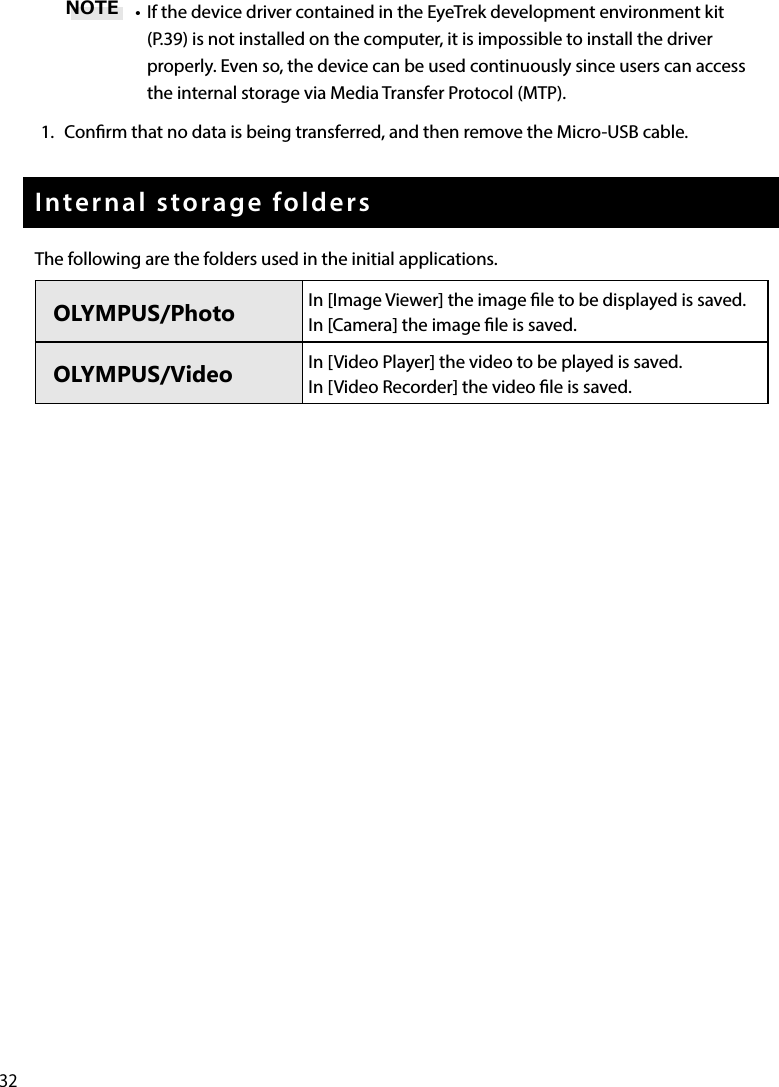 32•  If the device driver contained in the EyeTrek development environment kit (P.39) is not installed on the computer, it is impossible to install the driver properly. Even so, the device can be used continuously since users can access the internal storage via Media Transfer Protocol (MTP).1.  Conrm that no data is being transferred, and then remove the Micro-USB cable.Internal storage foldersThe following are the folders used in the initial applications.NOTEOLYMPUS/Photo In [Image Viewer] the image le to be displayed is saved.In [Camera] the image le is saved.OLYMPUS/Video In [Video Player] the video to be played is saved.In [Video Recorder] the video le is saved.