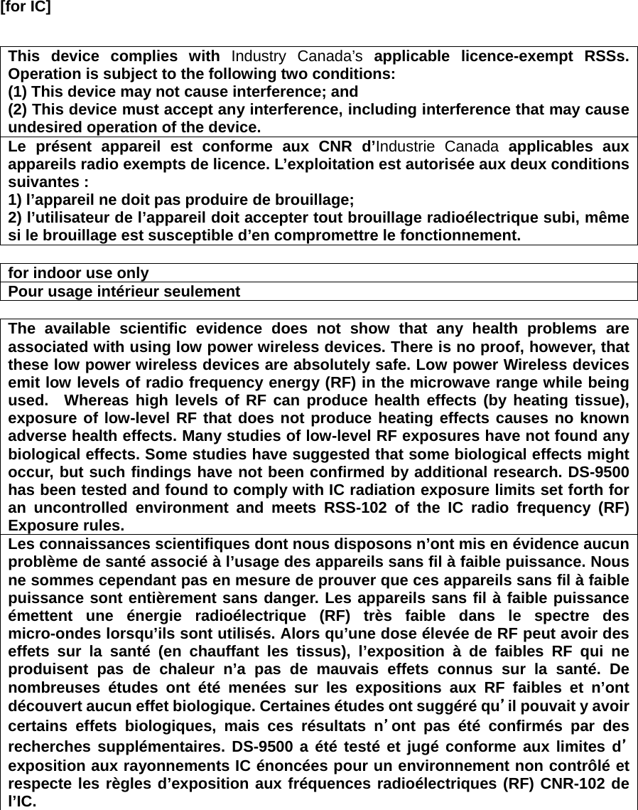   [for IC]  This device complies with Industry Canada’s applicable licence-exempt RSSs. Operation is subject to the following two conditions: (1) This device may not cause interference; and   (2) This device must accept any interference, including interference that may cause undesired operation of the device. Le présent appareil est conforme aux CNR d’Industrie Canada applicables aux appareils radio exempts de licence. L’exploitation est autorisée aux deux conditions suivantes : 1) l’appareil ne doit pas produire de brouillage; 2) l’utilisateur de l’appareil doit accepter tout brouillage radioélectrique subi, même si le brouillage est susceptible d’en compromettre le fonctionnement.  for indoor use only Pour usage intérieur seulement  The available scientific evidence does not show that any health problems are associated with using low power wireless devices. There is no proof, however, that these low power wireless devices are absolutely safe. Low power Wireless devices emit low levels of radio frequency energy (RF) in the microwave range while being used.  Whereas high levels of RF can produce health effects (by heating tissue), exposure of low-level RF that does not produce heating effects causes no known adverse health effects. Many studies of low-level RF exposures have not found any biological effects. Some studies have suggested that some biological effects might occur, but such findings have not been confirmed by additional research. DS-9500 has been tested and found to comply with IC radiation exposure limits set forth for an uncontrolled environment and meets RSS-102 of the IC radio frequency (RF) Exposure rules. Les connaissances scientifiques dont nous disposons n’ont mis en évidence aucun problème de santé associé à l’usage des appareils sans fil à faible puissance. Nous ne sommes cependant pas en mesure de prouver que ces appareils sans fil à faible puissance sont entièrement sans danger. Les appareils sans fil à faible puissance émettent une énergie radioélectrique (RF) très faible dans le spectre des micro-ondes lorsqu’ils sont utilisés. Alors qu’une dose élevée de RF peut avoir des effets sur la santé (en chauffant les tissus), l’exposition à de faibles RF qui ne produisent pas de chaleur n’a pas de mauvais effets connus sur la santé. De nombreuses études ont été menées sur les expositions aux RF faibles et n’ont découvert aucun effet biologique. Certaines études ont suggéré qu’il pouvait y avoir certains effets biologiques, mais ces résultats n’ont pas été confirmés par des recherches supplémentaires. DS-9500 a été testé et jugé conforme aux limites d’exposition aux rayonnements IC énoncées pour un environnement non contrôlé et respecte les règles d’exposition aux fréquences radioélectriques (RF) CNR-102 de l’IC.   