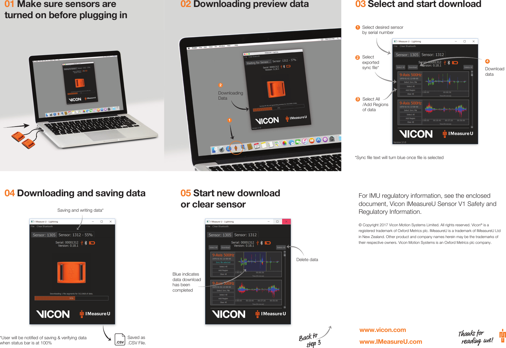 01 Make sure sensors are turned on before plugging in02 Downloading preview data 03 Select and start download04 Downloading and saving data 05 Start new download or clear sensorSelect exported sync file*Select desired sensorby serial number 211Select All /Add Regions of data3Downloading Data2Downloaddata4*Sync file text will turn blue once file is selected*User will be notified of saving &amp; verifying data when status bar is at 100%Saving and writing data*Saved as .CSV File.Delete dataBlue indicates data download has been completed.CSVFor IMU regulatory information, see the enclosed document, Vicon IMeasureU Sensor V1 Safety and Regulatory Information.© Copyright 2017 Vicon Motion Systems Limited. All rights reserved. Vicon® is a registered trademark of Oxford Metrics plc. IMeasureU is a trademark of IMeasureU Ltd in New Zealand. Other product and company names herein may be the trademarks of their respective owners. Vicon Motion Systems is an Oxford Metrics plc company.Thanks for       reading me!Back to     step 3www.IMeasureU.comwww.vicon.com