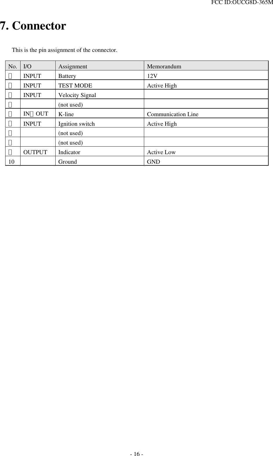  FCC ID:OUCG8D-365M   7. Connector          This is the pin assignment of the connector. No.  I/O  Assignment  Memorandum １ INPUT Battery  12V ２ INPUT  TEST MODE  Active High ３ INPUT Velocity Signal   ４  (not used)   ５ IN／OUT   K-line Communication Line ６ INPUT  Ignition switch  Active High ７  (not used)   ８  (not used)   ９ OUTPUT Indicator  Active Low 10   Ground  GND - 16 - 