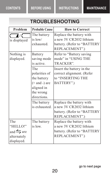 20CONTENTS BEFORE USING INSTRUCTIONS MAINTENANCEMAINTENANCETROUBLESHOOTINGProblemProbable CauseHow to Correct / is displayedThe battery is low/exhausted.Replace the battery with a new 3V CR2032 lithium battery. (Refer to “BATTERY REPLACEMENT”.)Nothing is displayed.Battery saving mode is active.Refer to “Battery saving mode” in “USING THE TR ACK ER”.The polarities of the battery (+ and -) are aligned in the wrong directions.Insert the battery in the correct alignment. (Refer to “INSERTING THE BATTERY”.)The battery is exhausted.Replace the battery with a new 3V CR2032 lithium battery. (Refer to “BATTERY REPLACEMENT”.)The “HELLO!” and   are alternately displayed.The batteryis low.Replace the battery witha new 3V CR2032 lithiumbattery. (Refer to “BATTERYREPLACEMENT”.)go to next page