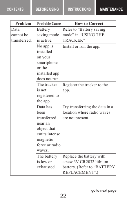 22CONTENTS BEFORE USING INSTRUCTIONS MAINTENANCEMAINTENANCEProblemProbable CauseHow to CorrectData cannot be transferred.Battery saving mode is active.Refer to “Battery saving mode” in “USING THE TR ACK ER”.No app is installed on your smartphone or the installed app does not run.Install or run the app.The tracker is not registered to the app. Register the tracker to the app.Data has been transferred near an object that emits intense magnetic force or radio waves.Try transferring the data in a location where radio waves are not present.The battery is low or exhausted.Replace the battery with a new 3V CR2032 lithium battery. (Refer to “BATTERY REPLACEMENT”.)go to next page