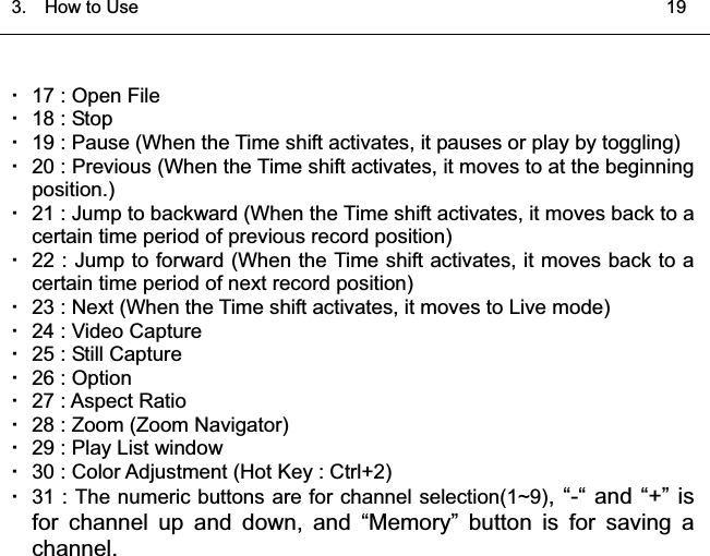 3.  HowtoUse   19͑  17 : Open File   18 : Stop   19 : Pause (When the Time shift activates, it pauses or play by toggling)   20 : Previous (When the Time shift activates, it moves to at the beginning position.)   21 : Jump to backward (When the Time shift activates, it moves back to a certain time period of previous record position)   22 : Jump to forward (When the Time shift activates, it moves back to a certain time period of next record position)   23 : Next (When the Time shift activates, it moves to Live mode)   24 : Video Capture   25 : Still Capture   26 : Option   27 : Aspect Ratio     28 : Zoom (Zoom Navigator)   29 : Play List window     30 : Color Adjustment (Hot Key : Ctrl+2)   31 : The numeric buttons are for channel selection(1~9), “-“ and “+” is for channel up and down, and “Memory” button is for saving a channel.