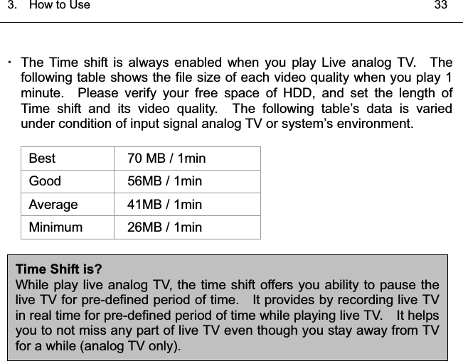 3.  HowtoUse   33͑  The Time shift is always enabled when you play Live analog TV.  The following table shows the file size of each video quality when you play 1 minute.  Please verify your free space of HDD, and set the length of Time shift and its video quality.  The following table’s data is varied under condition of input signal analog TV or system’s environment. Best 70 MB / 1min Good 56MB / 1min Average  41MB / 1min Minimum 26MB / 1min Time Shift is? While play live analog TV, the time shift offers you ability to pause the live TV for pre-defined period of time.    It provides by recording live TV in real time for pre-defined period of time while playing live TV.    It helps you to not miss any part of live TV even though you stay away from TV for a while (analog TV only).     