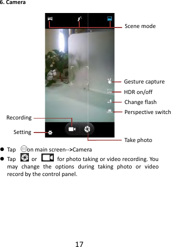 6.Camera Tap on Tap omaychanrecordbyRecordingSetting17nmainscreen‐‐&gt;Camerorforphototangetheoptionsdurithecontrolpanel.rakingorvideorecordinngtakingphotoorPerspecTakephScenemGestureHDRon/Changeg.Youvideoctiveswitchotomodecapture/offflash