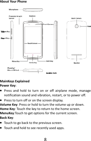 AboutYourPMainKeysExPowerKey: Pressandnotificatio PresstotuVolumeKey:HomeKey:ToMenuKey:ToBackKey: Touc htog Touc hand8PhonexplaineddholdtoturnonoroonsoundandvibrationurnofforonthescreenPressorholdtoturntTouchthekeytoreturnuchtogetoptionsfortgobacktothepreviousdholdtoseerecentlyuoffairplanemode,m,restart,ortopowerondisplay.thevolumeupordowntothehomescreen.thecurrentscreen.sscreen.usedapps.anageoff.n.