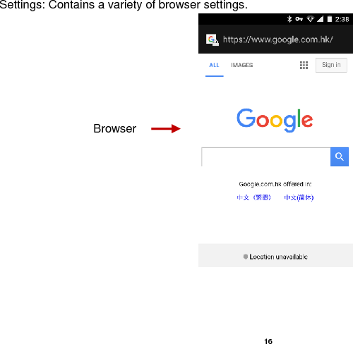   16  Settings: Contains a variety of browser settings.                                   Browser 