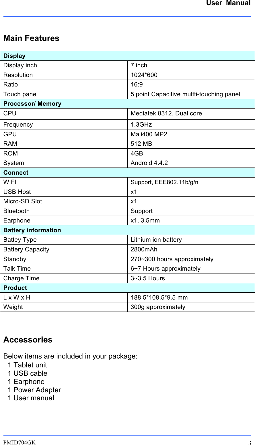      User  Manual         PMID704GK 3    Main Features Display Display inch 7 inch Resolution 1024*600 Ratio 16:9 Touch panel 5 point Capacitive multti-touching panel   Processor/ Memory CPU Mediatek 8312, Dual core Frequency 1.3GHz GPU Mali400 MP2 RAM 512 MB ROM 4GB System Android 4.4.2 Connect WIFI Support,IEEE802.11b/g/n USB Host x1 Micro-SD Slot x1 Bluetooth Support Earphone x1, 3.5mm Battery information Battey Type Lithium ion battery Battery Capacity 2800mAh Standby 270~300 hours approximately Talk Time 6~7 Hours approximately Charge Time 3~3.5 Hours   Product   L x W x H 188.5*108.5*9.5 mm Weight 300g approximately  Accessories Below items are included in your package: 1 Tablet unit   1 USB cable 1 Earphone 1 Power Adapter 1 User manual   
