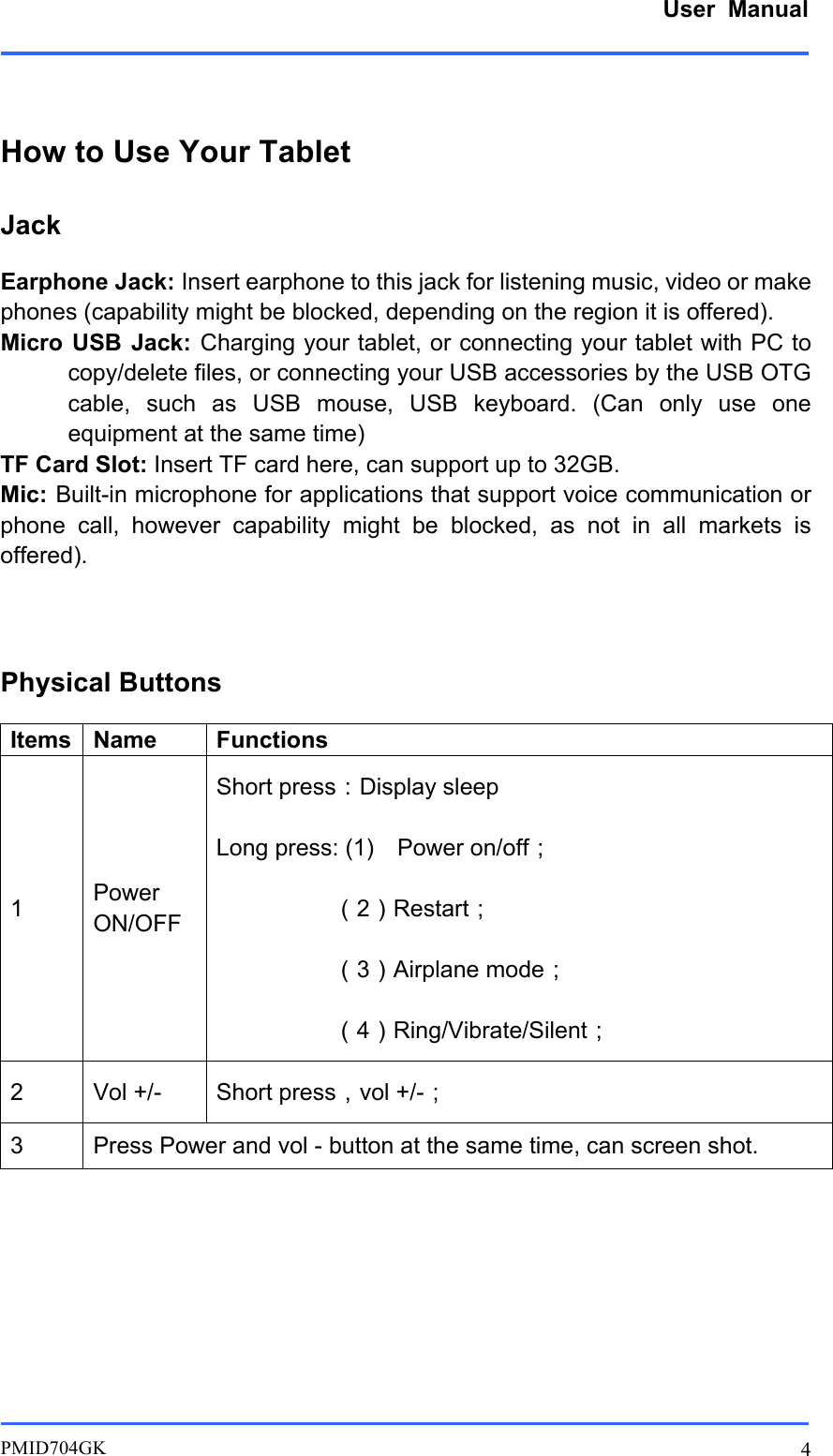      User  Manual         PMID704GK 4  How to Use Your Tablet Jack Earphone Jack: Insert earphone to this jack for listening music, video or make phones (capability might be blocked, depending on the region it is offered). Micro  USB  Jack:  Charging your tablet, or connecting your tablet with PC to copy/delete files, or connecting your USB accessories by the USB OTG cable,  such  as  USB  mouse,  USB  keyboard.  (Can  only  use  one equipment at the same time)   TF Card Slot: Insert TF card here, can support up to 32GB. Mic: Built-in microphone for applications that support voice communication or phone  call,  however  capability  might  be  blocked,  as  not  in  all  markets  is offered).    Physical Buttons Items Name Functions 1 Power ON/OFF Short press：Display sleep Long press: (1)    Power on/off；           （2）Restart；           （3）Airplane mode；           （4）Ring/Vibrate/Silent； 2 Vol +/- Short press，vol +/-； 3 Press Power and vol - button at the same time, can screen shot.           
