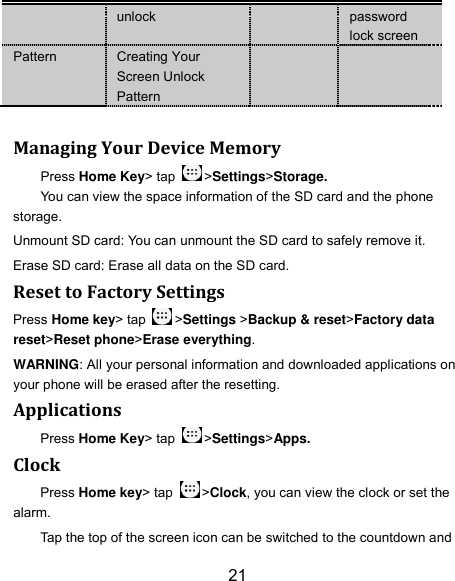 21 unlock password lock screen Pattern Creating Your Screen Unlock Pattern    Managing Your Device Memory Press Home Key&gt; tap  &gt;Settings&gt;Storage. You can view the space information of the SD card and the phone storage.   Unmount SD card: You can unmount the SD card to safely remove it. Erase SD card: Erase all data on the SD card. Reset to Factory Settings Press Home key&gt; tap  &gt;Settings &gt;Backup &amp; reset&gt;Factory data reset&gt;Reset phone&gt;Erase everything. WARNING: All your personal information and downloaded applications on your phone will be erased after the resetting. Applications Press Home Key&gt; tap  &gt;Settings&gt;Apps. Clock Press Home key&gt; tap  &gt;Clock, you can view the clock or set the alarm. Tap the top of the screen icon can be switched to the countdown and 