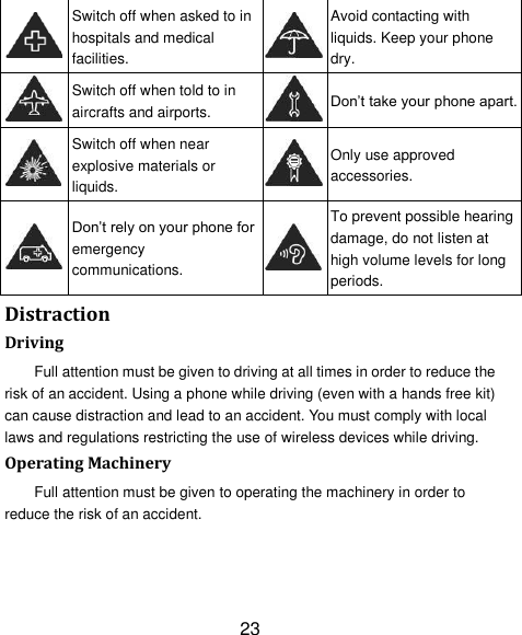23  Switch off when asked to in hospitals and medical facilities.  Avoid contacting with liquids. Keep your phone dry.  Switch off when told to in aircrafts and airports.  Don‘t take your phone apart.  Switch off when near explosive materials or liquids.  Only use approved accessories.  Don‘t rely on your phone for emergency communications.  To prevent possible hearing damage, do not listen at high volume levels for long periods. Distraction Driving Full attention must be given to driving at all times in order to reduce the risk of an accident. Using a phone while driving (even with a hands free kit) can cause distraction and lead to an accident. You must comply with local laws and regulations restricting the use of wireless devices while driving. Operating Machinery Full attention must be given to operating the machinery in order to reduce the risk of an accident. 