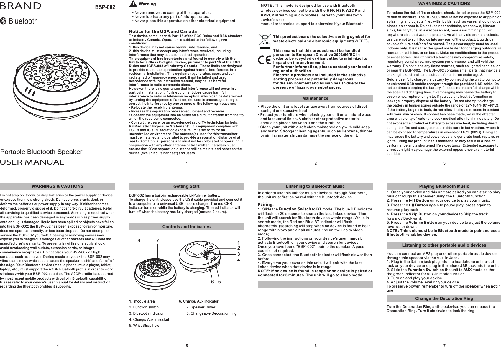 Portable Bluetooth SpeakerBSP-0021Warning• Never remove the casing of this apparatus.• Never lubricate any part of this apparatus.• Never place this apparatus on other electrical equipment.Notice for the USA and CanadaThis device complies with Part 15 of the FCC Rules and RSS standard of Industry Canada. Operation is subject to the following two conditions:1. this device may not cause harmful interference, and2. this device must accept any interference received, includinginterference that may cause undesired operation.This equipment has been tested and found to comply with the limits for a Class B digital device, pursuant to part 15 of the FCC Rules and ICES-003 of Industry Canada . These limits are designed to provide reasonable protection against harmful interference in a residential installation. This equipment generates, uses, and can radiate radio frequency energy and, if not installed and used in accordance with the instruction manual, may cause harmful interference to radio communications.However, there is no guarantee that interference will not occur in a particular installation. If this equipment does cause harmful interference to radio or television reception, which can be determined by turning the equipment off and on, the user is encouraged to try to correct the interference by one or more of the following measures:• Relocate the receiving antenna.• Increase the separation between equipment and receiver.• Connect the equipment into an outlet on a circuit different from that to which the receiver is connected.• Consult the dealer or an experienced radio/TV technician for help.RF Radiation Exposure Statement: This equipment complies with FCC’s and IC’s RF radiation exposure limits set forth for an uncontrolled environment. The antenna(s) used for this transmitter must be installed and operated to provide a separation distance of at least 20 cm from all persons and must not be collocated or operating in conjunction with any other antenna or transmitter. Installers must ensure that 20cm separation distance will be maintained between the device (excluding its handset) and users.This product bears the selective sorting symbol for waste electrical and electronic equipment(WEEE).This means that this product must be handled pursuant to European Directive 2002/96/EC inorder to be recycled or dismantled to minimize its impact on the environment.For further information, please contact your local or regional authorities.Electronic products not included in the selective sorting process are potentially dangerousfor the environment and human health due to the presence of hazardous substances.2• Place the unit on a level surface away from sources of direct sunlight or excessive heat.• Protect your furniture when placing your unit on a natural wood and lacquered finish. A cloth or other protective material should be placed between it and the furniture.• Clean your unit with a soft cloth moistened only with mild soap and water. Stronger cleaning agents, such as Benzene, thinner or similar materials can damage the surface of the unit.NOTE : This model is designed for use with Bluetooth wireless devices compatible with the HFP, HSP, A2DP and AVRCP streaming audio profiles. Refer to your Bluetooth device’s usermanual or technical support to determine if your Bluetooth Maintenance3WARNINGS &amp; CAUTIONSTo reduce the risk of fire or electric shock, do not expose the BSP-002 to rain or moisture. The BSP-002 should not be exposed to dripping or splashing, and objects filled with liquids, such as vases, should not be placed on or near it. Do not use near bathtubs, washbowls, kitchen sinks, laundry tubs, in a wet basement, near a swimming pool, or anywhere else that water is present. As with any electronic products, use care not to spill liquids into any part of the product. Liquids can cause a failure and/or a fire hazard. The power supply must be used indoors only. It is neither designed nor tested for charging outdoors, in recreation vehicles, or on boats. Make no modifications to the product or accessories. Unauthorized alterations may compromise safety, regulatory compliance, and system performance, and will void the warranty. Do not place any flame sources, such as lighted candles, on or near the BSP-002. The BSP-002 contains small parts that may be a choking hazard and is not suitable for children under age 3.Before use, fully charge the battery by connecting the unit to computor or universal USB mobile charger through the provided USB cable. Do not continue charging the battery if it does not reach full charge within the specified charging time. Overcharging may cause the battery to become hot, rupture, or ignite. If you see any heat deformation or leakage, properly dispose of the battery. Do not attempt to chargethe battery in temperatures outside the range of 32°-104°F (0°-40°C). If the battery begins to leak, do not allow the liquid to come in contact with your skin or eyes. If contact has been made, wash the affected area with plenty of water and seek medical attention immediately. Do not expose the product or battery to excessive heat, including directsunlight or fire and storage or use inside cars in hot weather, where it can be exposed to temperatures in excess of 115°F (60°C). Doing so may cause the battery and power supply to generate heat, rupture, or ignite. Using the product in this manner also may result in a loss of performance and a shortened life expectancy. Extended exposure todirect sunlight may damage the external appearance and material qualities. WARNINGS &amp; CAUTIONSDo not step on, throw, or drop batteries or the power supply or device, or expose them to a strong shock. Do not pierce, crush, dent, or deform the batteries or power supply in any way. If either becomes deformed, properly dispose of it. Do not short-circuit batteries. Referall servicing to qualified service personnel. Servicing is required when the apparatus has been damaged in any way: such as power supply cord or plug is damaged; liquid has been spilled or objects have fallen into the BSP-002; the BSP-002 has been exposed to rain or moisture, does not operate normally, or has been dropped. Do not attempt toservice the BSP-002 yourself. Opening or removing covers may expose you to dangerous voltages or other hazards and will void the manufacturer’s warranty. To prevent risk of fire or electric shock, avoid overloading wall outlets, extension cords, or integral convenience receptacles. Do not place your BSP-002 on high surfaces such as shelves. During music playback the BSP-002 may vibrate and move which could cause the speaker to shift and fall off of the edge. Your Bluetooth device (mobile phone, music player, tablet, laptop, etc.) must support the A2DP Bluetooth profile in order to work wirelessly with your BSP-002 speaker. The A2DP profile is supported by most recent mobile products with built-in Bluetooth capability. Please refer to your device’s user manual for details and instruction regarding the Bluetooth profiles it supports.4Getting StartControls and IndicatorsBSP-002 has a built-in rechargeable Li-Polymer battery.The red CHR indicator turns on while the battery is charging. The red indicator will turn off when the battery has fully charged (around 2 hours).To charge the unit, please use the USB cable provided and connect it to a computer or a universal USB mobile charger. 1235461.  module area 6. Charge/ Aux indicator2. Function switch 7. Speaker Driver3. Bluetooth indicator 8. Changeable Decoration ring4. Charge/ Aux in socket5. Wrist Strap hole578Listening to Bluetooth MusicNFC Bluetooth Pairing6In order to use this unit for music playback through Bluetooth, the unit must first be paired with the Bluetooth device.Pairing:1. Slide the Function Switch to BT mode. The blue BT indicator will flash for 20 seconds to search the last linked device. Then, the unit will search for Bluetooth devices within range. While in search mode, the Red and Blue BT indicator will flash alternately. (searching will stop when no device is found to be in range within two and a half minutes, the unit will go to sleep mode)2. Following the instructions on your device&apos;s user manual, activate Bluetooth on your device and search for devices.Once you have found &quot;BSP-002”, pair to the speaker. A pass code is not required.3. Once connected, the Bluetooth indicator will flash slower than before.4. Every time you power on this unit, it will pair with the last linked device when that device is in range.NOTE: If no device is found in range or no device is paired or connected for 5 minutes. The unit will go to sleep mode.1. Slide the Function Switch to BT mode. Put your NFC device near the bottom of this unit. This unit will automatic pair with your device. Tap again to disconnect . (Make sure you have turn on the NFC of your device)2. Once connected, the Bluetooth indicator will flash slower than before.3. When the unit is in sleep mode. Put your NFC device near the bottom of the unit can wake up the unit to connect with your device.Listening to other portable audio devicesChange the Decoration RingYou can connect an MP3 player or other portable audio device through this speaker via the Aux-in Jack.1. Plug in the 3.5mm jack plug into the headphone or line-out jack on your device and plug in the micro USB jack into the unit.2. Slide the Function Switch on the unit to AUX mode so that the green indicator for Aux-In mode turns on.3. Turn on and play your device.4. Adjust the volume level on your device.To preserve power, remember to turn off the speaker when not in use.Turn the Decoration Ring anti-clockwise, you can release the Decoration Ring. Turn it clockwise to lock the ring.7Playing Bluetooth Music1. Once your device and this unit are paired you can start to play music through this speaker using the Bluetooth function.2. Press the        Button on your device to play your music.3. Press the       Button again to pause play; press again to resume playback.4. Press the Skip Button on your device to Skip the track forward / Backward.5. Press the Volume Button on your device to adjust the volume level up or down. NOTE: This unit must be in Bluetooth mode to pair and use a Bluetooth-enabled device.