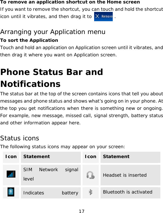 17 To remove an application shortcut on the Home screen If you want to remove the shortcut, you can touch and hold the shortcut icon until it vibrates, and then drag it to          .  Arranging your Application menu To sort the Application  Touch and hold an application on Application screen until it vibrates, and then drag it where you want on Application screen.  Phone Status Bar and Notifications The status bar at the top of the screen contains icons that tell you about messages and phone status and shows what’s going on in your phone. At the top you get notifications when there is something new or ongoing. For example, new message, missed call, signal strength, battery status and other information appear here.   Status icons The following status icons may appear on your screen: Icon  Statement  Icon Statement  SIM Network signal level  Headset is inserted  Indicates battery  Bluetooth is activated  