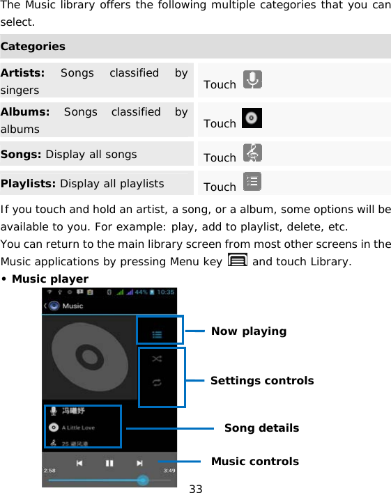 33  The Music library offers the following multiple categories that you can select. CategoriesArtists: Songs classified by singers  Touch   Albums: Songs classified by albums  Touch   Songs: Display all songs  Touch  Playlists: Display all playlists  Touch   If you touch and hold an artist, a song, or a album, some options will be available to you. For example: play, add to playlist, delete, etc.  You can return to the main library screen from most other screens in the Music applications by pressing Menu key   and touch Library. • Music player           Music controls Settings controls Now playing Song details 