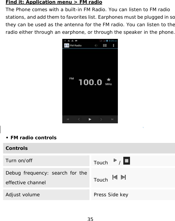 35 Find it: Application menu &gt; FM radio The Phone comes with a built-in FM Radio. You can listen to FM radio stations, and add them to favorites list. Earphones must be plugged in so they can be used as the antenna for the FM radio. You can listen to the radio either through an earphone, or through the speaker in the phone.                • FM radio controls ControlsTurn on/offTouch  /  Debug frequency: search for the effective channelTouch  Adjust volume Press Side key