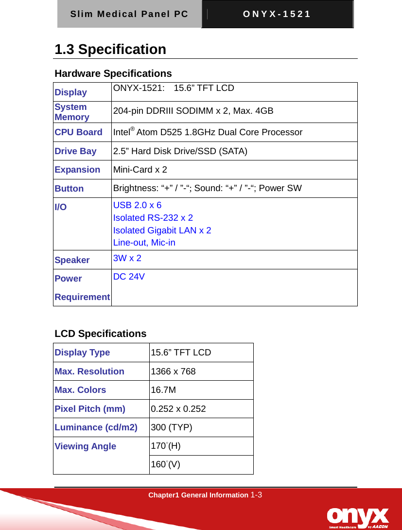 Slim Medical Panel PC  ONYX-1521  Chapter1 General Information 1-3  1.3 Specification Hardware Specifications Display  ONYX-1521:  15.6&rdquo; TFT LCD System Memory  204-pin DDRIII SODIMM x 2, Max. 4GB CPU Board  Intel&reg; Atom D525 1.8GHz Dual Core Processor Drive Bay  2.5&rdquo; Hard Disk Drive/SSD (SATA) Expansion  Mini-Card x 2 Button  Brightness: &ldquo;+&rdquo; / &rdquo;-&ldquo;; Sound: &ldquo;+&rdquo; / &rdquo;-&ldquo;; Power SW I/O  USB 2.0 x 6 Isolated RS-232 x 2 Isolated Gigabit LAN x 2 Line-out, Mic-in Speaker  3W x 2 Power Requirement DC 24V  LCD Specifications Display Type  15.6&rdquo; TFT LCD Max. Resolution  1366 x 768 Max. Colors  16.7M Pixel Pitch (mm)  0.252 x 0.252 Luminance (cd/m2)  300 (TYP) Viewing Angle  170&deg;(H) 160&deg;(V) 