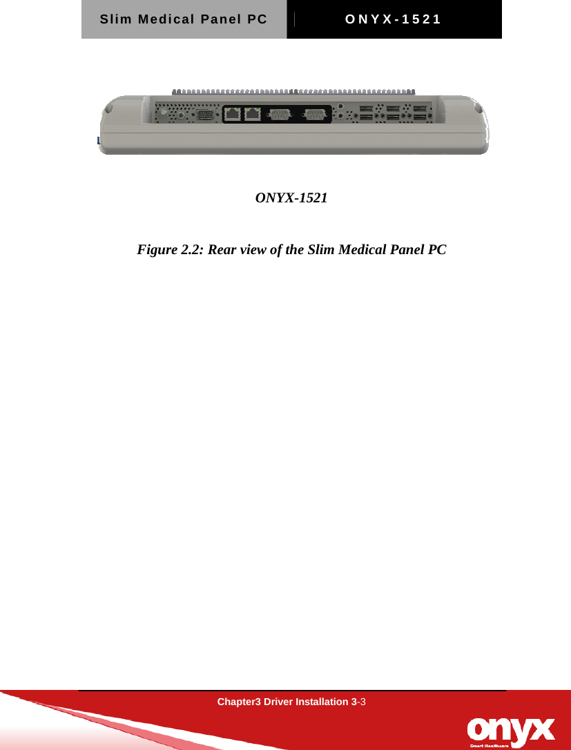 Slim Medical Panel PC  ONYX-1521  Chapter3 Driver Installation 3-3   ONYX-1521  Figure 2.2: Rear view of the Slim Medical Panel PC  