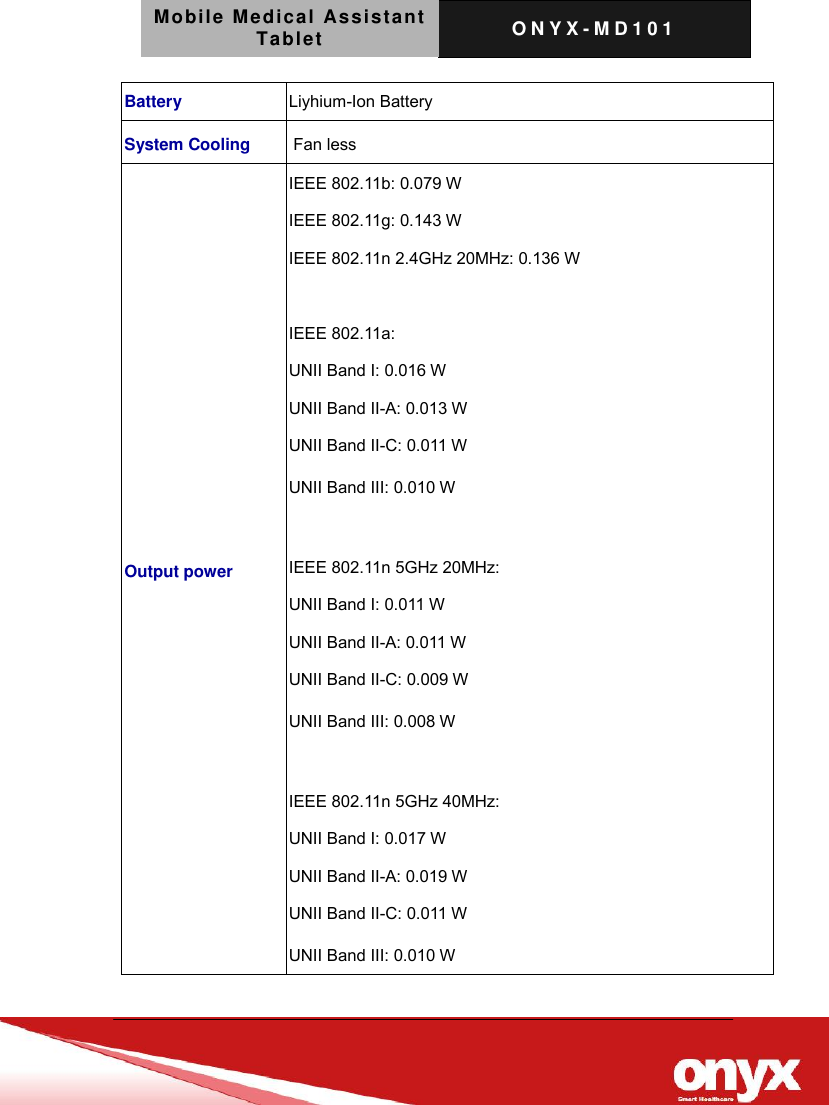 Mobile Medical Assistant Tablet O N Y X - M D 1 0 1    Battery Liyhium-Ion Battery System Cooling Fan less Output power IEEE 802.11b: 0.079 W IEEE 802.11g: 0.143 W IEEE 802.11n 2.4GHz 20MHz: 0.136 W  IEEE 802.11a: UNII Band I: 0.016 W UNII Band II-A: 0.013 W   UNII Band II-C: 0.011 W UNII Band III: 0.010 W  IEEE 802.11n 5GHz 20MHz: UNII Band I: 0.011 W UNII Band II-A: 0.011 W   UNII Band II-C: 0.009 W UNII Band III: 0.008 W  IEEE 802.11n 5GHz 40MHz: UNII Band I: 0.017 W UNII Band II-A: 0.019 W   UNII Band II-C: 0.011 W UNII Band III: 0.010 W  