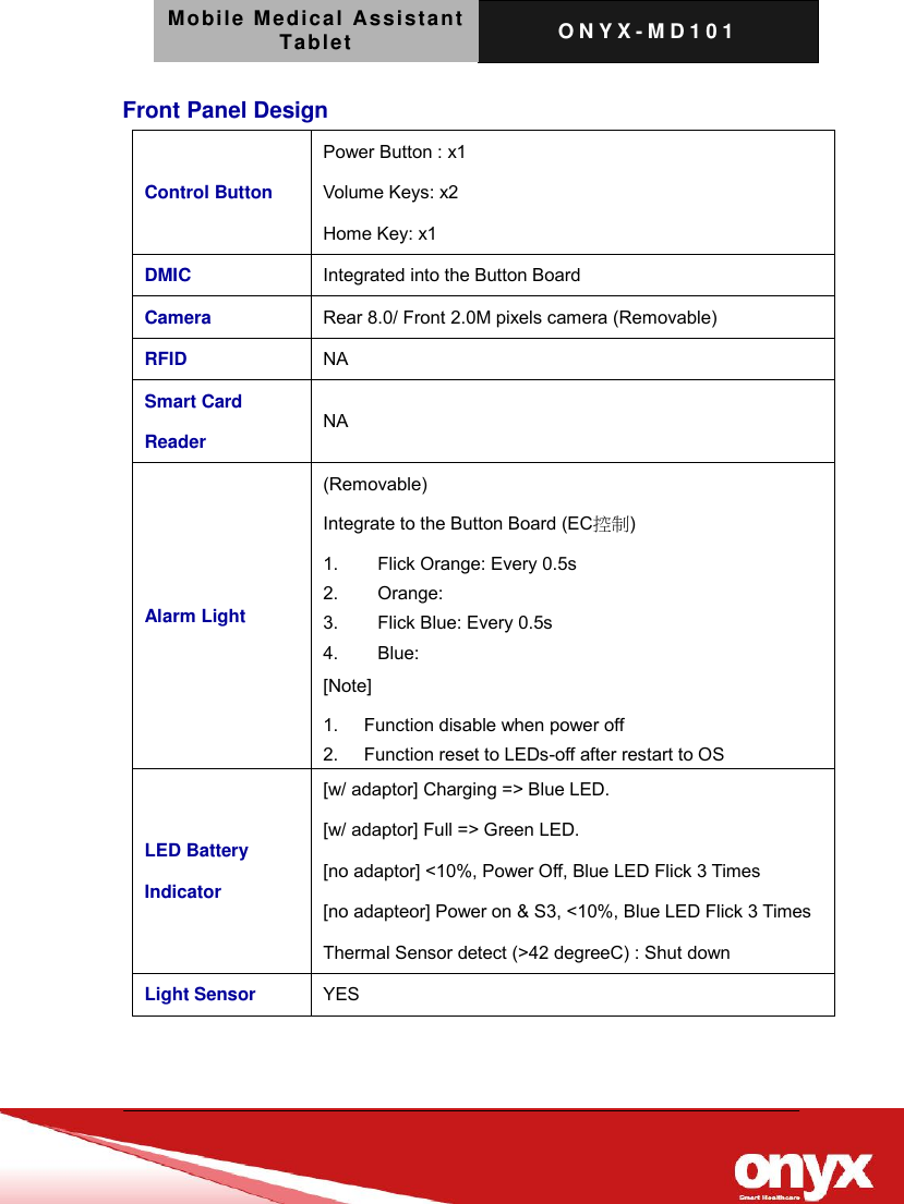 Mobile Medical Assistant Tablet O N Y X - M D 1 0 1    Front Panel Design Control Button Power Button : x1 Volume Keys: x2 Home Key: x1 DMIC Integrated into the Button Board Camera Rear 8.0/ Front 2.0M pixels camera (Removable) RFID NA Smart Card Reader NA Alarm Light (Removable) Integrate to the Button Board (EC控制) 1.  Flick Orange: Every 0.5s 2.  Orange:   3.  Flick Blue: Every 0.5s 4.  Blue: [Note] 1.  Function disable when power off 2.  Function reset to LEDs-off after restart to OS LED Battery Indicator [w/ adaptor] Charging => Blue LED. [w/ adaptor] Full => Green LED. [no adaptor] <10%, Power Off, Blue LED Flick 3 Times [no adapteor] Power on &amp; S3, <10%, Blue LED Flick 3 Times Thermal Sensor detect (>42 degreeC) : Shut down Light Sensor YES   
