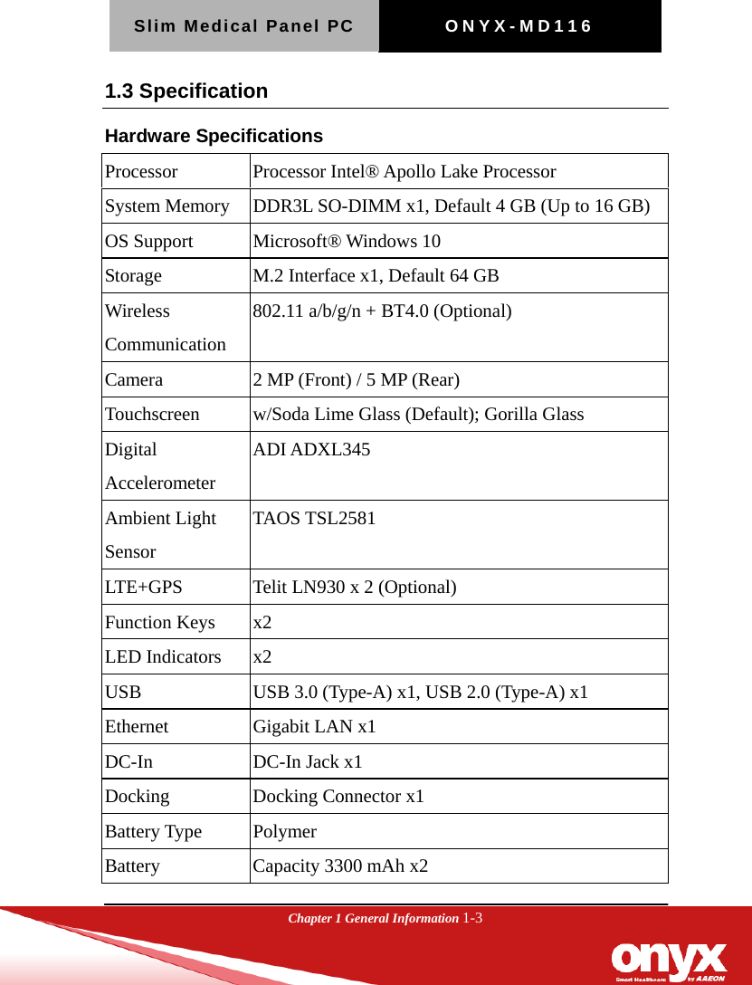 Slim Medical Panel PC  ONYX-MD116  Chapter 1 General Information 1-3  1.3 Specification Hardware Specifications Processor    Processor Intel&reg; Apollo Lake Processor System Memory    DDR3L SO-DIMM x1, Default 4 GB (Up to 16 GB) OS Support    Microsoft&reg; Windows 10 Storage    M.2 Interface x1, Default 64 GB Wireless Communication  802.11 a/b/g/n + BT4.0 (Optional) Camera  2 MP (Front) / 5 MP (Rear) Touchscreen  w/Soda Lime Glass (Default); Gorilla Glass Digital Accelerometer  ADI ADXL345 Ambient Light Sensor TAOS TSL2581 LTE+GPS  Telit LN930 x 2 (Optional) Function Keys    x2 LED Indicators    x2 USB  USB 3.0 (Type-A) x1, USB 2.0 (Type-A) x1 Ethernet   Gigabit LAN x1 DC-In DC-In Jack x1 Docking   Docking Connector x1 Battery Type    Polymer Battery    Capacity 3300 mAh x2 