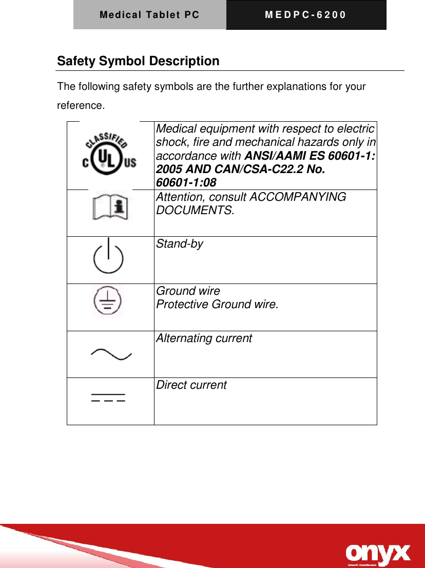 Medical Tablet PC M E D P C - 6200   Safety Symbol Description The following safety symbols are the further explanations for your reference.  Medical equipment with respect to electric shock, fire and mechanical hazards only in accordance with ANSI/AAMI ES 60601-1: 2005 AND CAN/CSA-C22.2 No. 60601-1:08  Attention, consult ACCOMPANYING DOCUMENTS.  Stand-by    Ground wire Protective Ground wire.   Alternating current   Direct current 