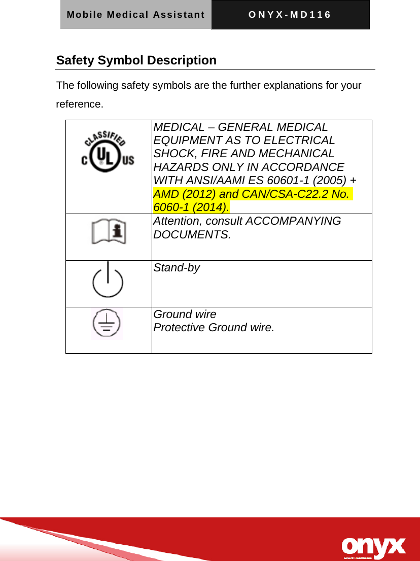 Mobile Medical Assistant ONYX-MD116   Safety Symbol Description The following safety symbols are the further explanations for your reference.  MEDICAL &ndash; GENERAL MEDICAL EQUIPMENT AS TO ELECTRICAL SHOCK, FIRE AND MECHANICAL HAZARDS ONLY IN ACCORDANCE WITH ANSI/AAMI ES 60601-1 (2005) + AMD (2012) and CAN/CSA-C22.2 No. 6060-1 (2014).  Attention, consult ACCOMPANYING DOCUMENTS.  Stand-by    Ground wire Protective Ground wire. 
