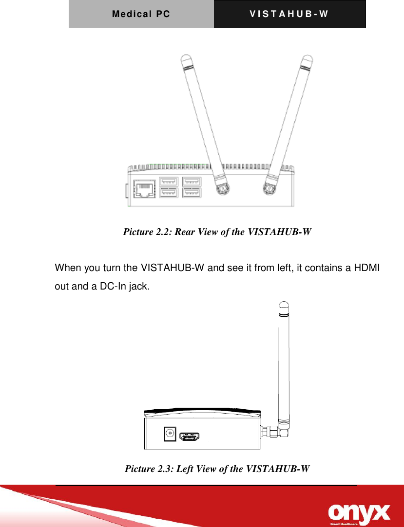 Medical PC V I S T A H U B - W      Picture 2.2: Rear View of the VISTAHUB-W  When you turn the VISTAHUB-W and see it from left, it contains a HDMI out and a DC-In jack.  Picture 2.3: Left View of the VISTAHUB-W 