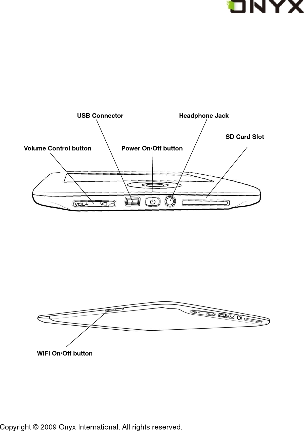  Copyright &copy; 2009 Onyx International. All rights reserved.                                         SD Card SlotPower On/Off button Headphone Jack USB Connector  Volume Control button             WIFI On/Off button     