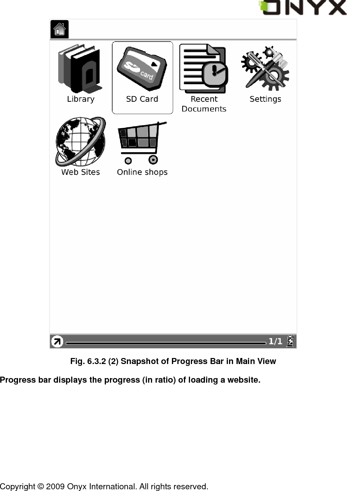  Copyright &copy; 2009 Onyx International. All rights reserved.                                  Fig. 6.3.2 (2) Snapshot of Progress Bar in Main View Progress bar displays the progress (in ratio) of loading a website. 