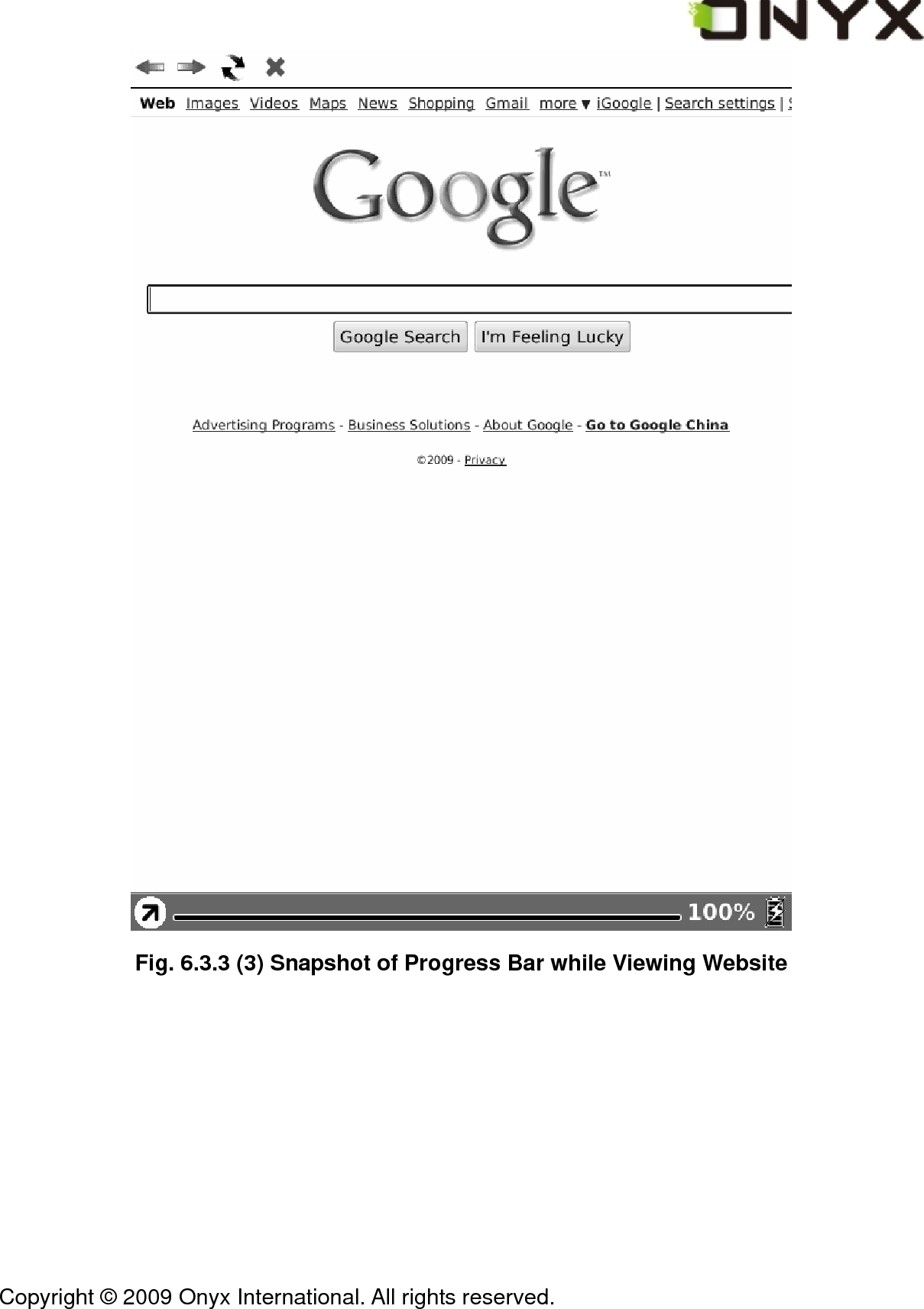  Copyright &copy; 2009 Onyx International. All rights reserved.                                  Fig. 6.3.3 (3) Snapshot of Progress Bar while Viewing Website 