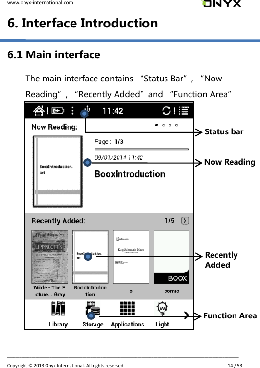 www.onyx-international.com                                                                                                                                                                                                __________________________________________________________________________________________________________________ Copyright &copy;  2013 Onyx International. All rights reserved.               14 / 53 6. Interface Introduction 6.1 Main interface The main interface contains &ldquo;Status Bar&rdquo;, &ldquo;Now Reading&rdquo;, &ldquo;Recently Added&rdquo;and &ldquo;Function Area&rdquo;                                               Status bar Now Reading Recently   Added Function Area 