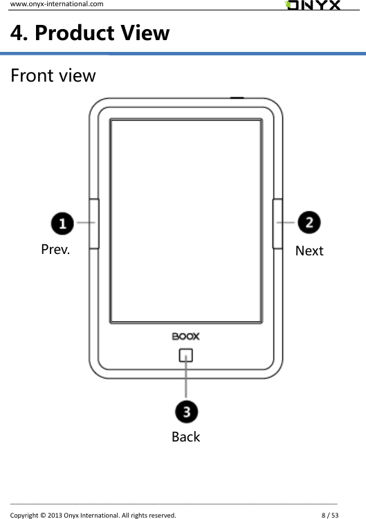www.onyx-international.com                                                                                                                                                                                                __________________________________________________________________________________________________________________ Copyright &copy;  2013 Onyx International. All rights reserved.               8 / 53 4. Product View Front view                    Prev.  Next Back 
