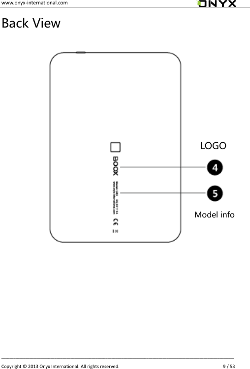 www.onyx-international.com                                                                                                                                                                                                __________________________________________________________________________________________________________________ Copyright &copy;  2013 Onyx International. All rights reserved.               9 / 53 Back View              LOGO Model info  