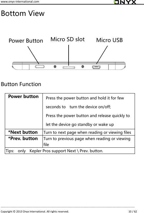 www.onyx-international.com                                                                                                                                                                                                                             __________________________________________________________________________________________________________________ Copyright &copy;  2013 Onyx International. All rights reserved.                             10 / 62 Bottom View         Button Function  Power button Press the power button and hold it for few seconds to    turn the device on/off; Press the power button and release quickly to let the device go standby or wake up *Next button Turn to next page when reading or viewing files   *Prev. button Turn to previous page when reading or viewing file Tips:    only    Kepler Pros support Next \ Prev. button.       Power Button Micro SD slot Micro USB   