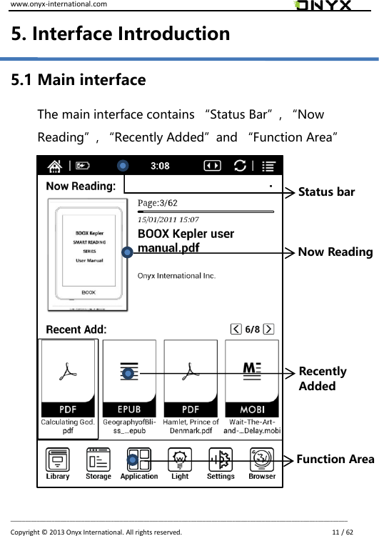 www.onyx-international.com                                                                                                                                                                                                                             __________________________________________________________________________________________________________________ Copyright &copy;  2013 Onyx International. All rights reserved.                             11 / 62 5. Interface Introduction 5.1 Main interface The main interface contains &ldquo;Status Bar&rdquo;, &ldquo;Now Reading&rdquo;, &ldquo;Recently Added&rdquo;and &ldquo;Function Area&rdquo;                                                                          Status bar Now Reading Recently   Added Function Area 