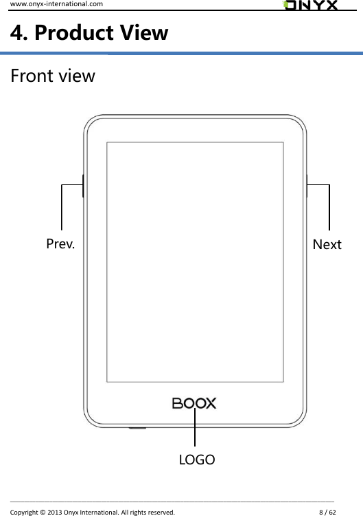 www.onyx-international.com                                                                                                                                                                                                                             __________________________________________________________________________________________________________________ Copyright &copy;  2013 Onyx International. All rights reserved.                             8 / 62 4. Product View Front view                  Prev. Next LOGO 