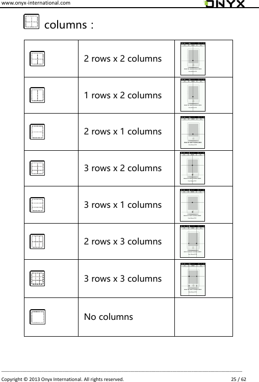 www.onyx-international.com                                                                                                                                                                                                                             __________________________________________________________________________________________________________________ Copyright &copy;  2013 Onyx International. All rights reserved.                             25 / 62  columns：  2 rows x 2 columns   1 rows x 2 columns   2 rows x 1 columns   3 rows x 2 columns   3 rows x 1 columns   2 rows x 3 columns   3 rows x 3 columns   No columns    