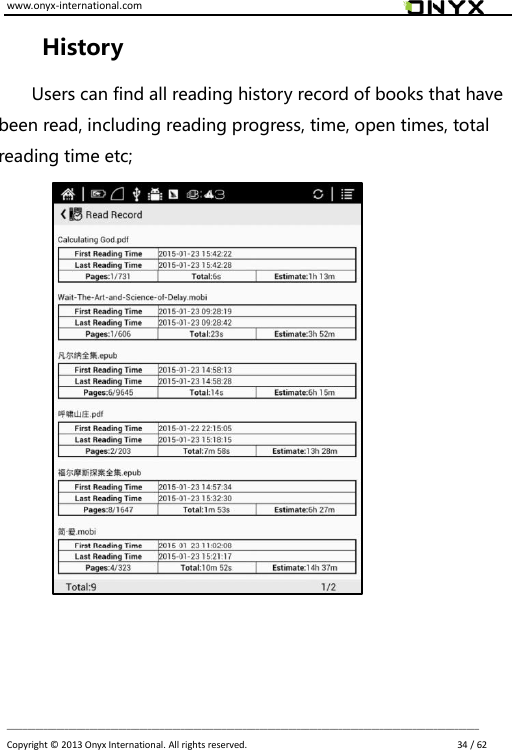 www.onyx-international.com                                                                                                                                                                                                                             __________________________________________________________________________________________________________________ Copyright &copy;  2013 Onyx International. All rights reserved.                             34 / 62 History Users can find all reading history record of books that have been read, including reading progress, time, open times, total reading time etc;         