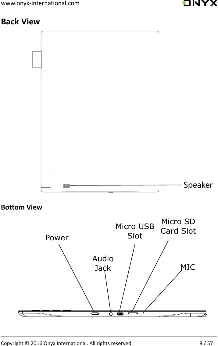  www.onyx-international.com                                                                                                                                                                                                  Copyright &copy;  2016 Onyx International. All rights reserved.                8 / 57 Back View          Bottom View                Speaker Power Audio Jack  Micro USB Slot  Micro SD Card Slot MIC 